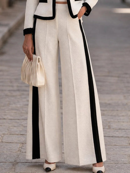 Women's Contrast-Trim Jacket and Wide-Leg Trouser Set in Ivory – product view | Hensley London