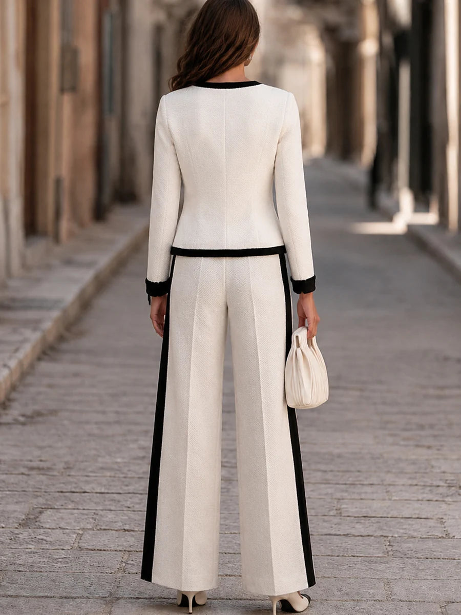 Women's Contrast-Trim Jacket and Wide-Leg Trouser Set in Ivory – product view | Hensley London
