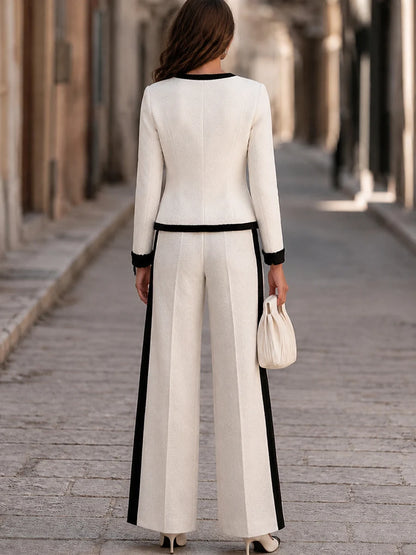 Women's Contrast-Trim Jacket and Wide-Leg Trouser Set in Ivory – product view | Hensley London