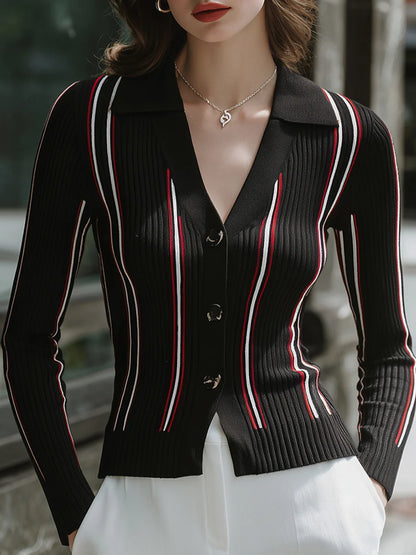 Women's Contrast-Stripe Collared Ribbed Cardigan in Black – Product view | Hensley London