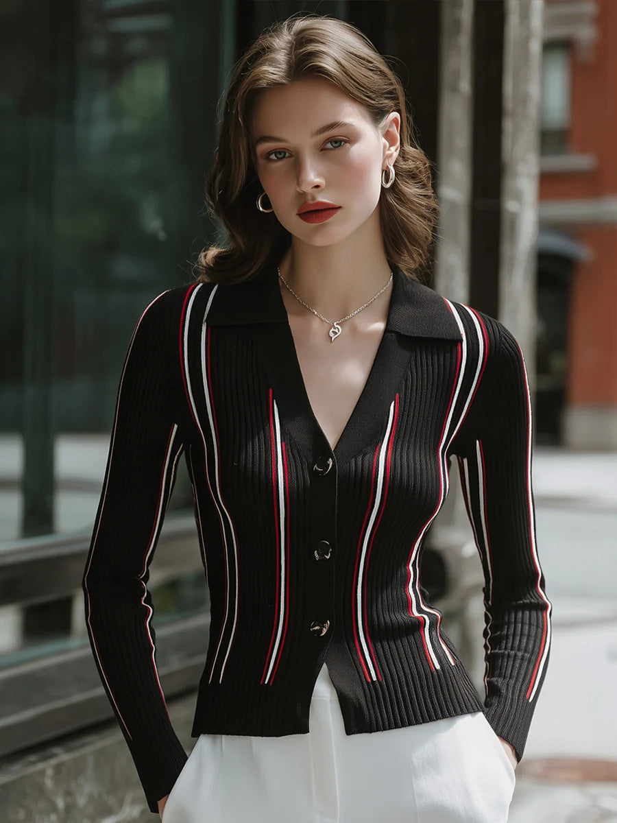 Women's Contrast-Stripe Collared Ribbed Cardigan in Black – Product view | Hensley London