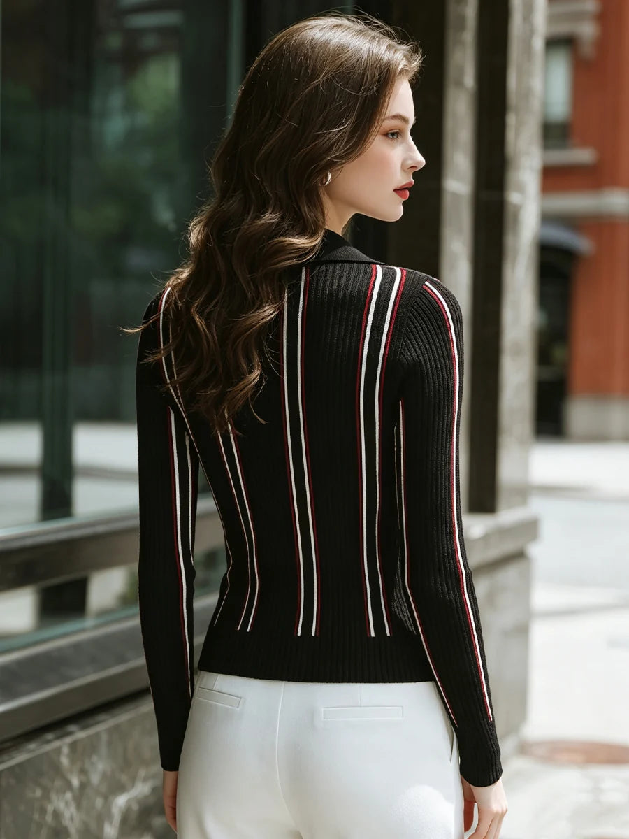 Women's Contrast-Stripe Collared Ribbed Cardigan in Black – Product view | Hensley London