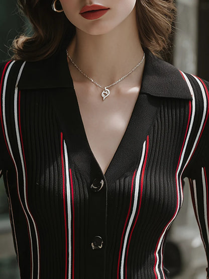 Women's Contrast-Stripe Collared Ribbed Cardigan in Black – Product view | Hensley London