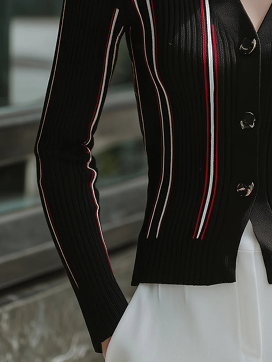 Women's Contrast-Stripe Collared Ribbed Cardigan in Black – Product view | Hensley London
