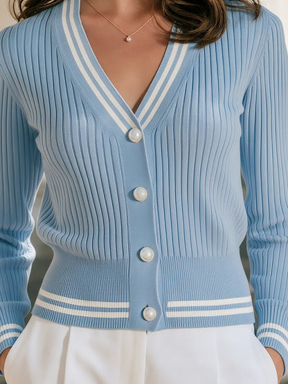 Women's Pearl-Button Contrast-Trim Ribbed Cardigan – product view 3