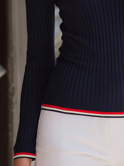 Women's Ribbed V-Neck Polo Sweater with Contrast Trim – additional product view | Hensley London