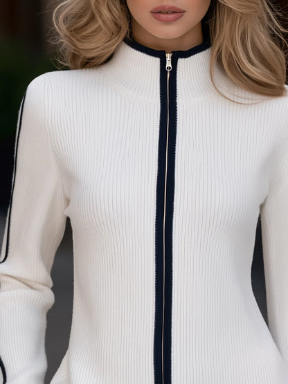 Women's Contrast-Trim Zip-Up Knit Cardigan – additional product view | Hensley London