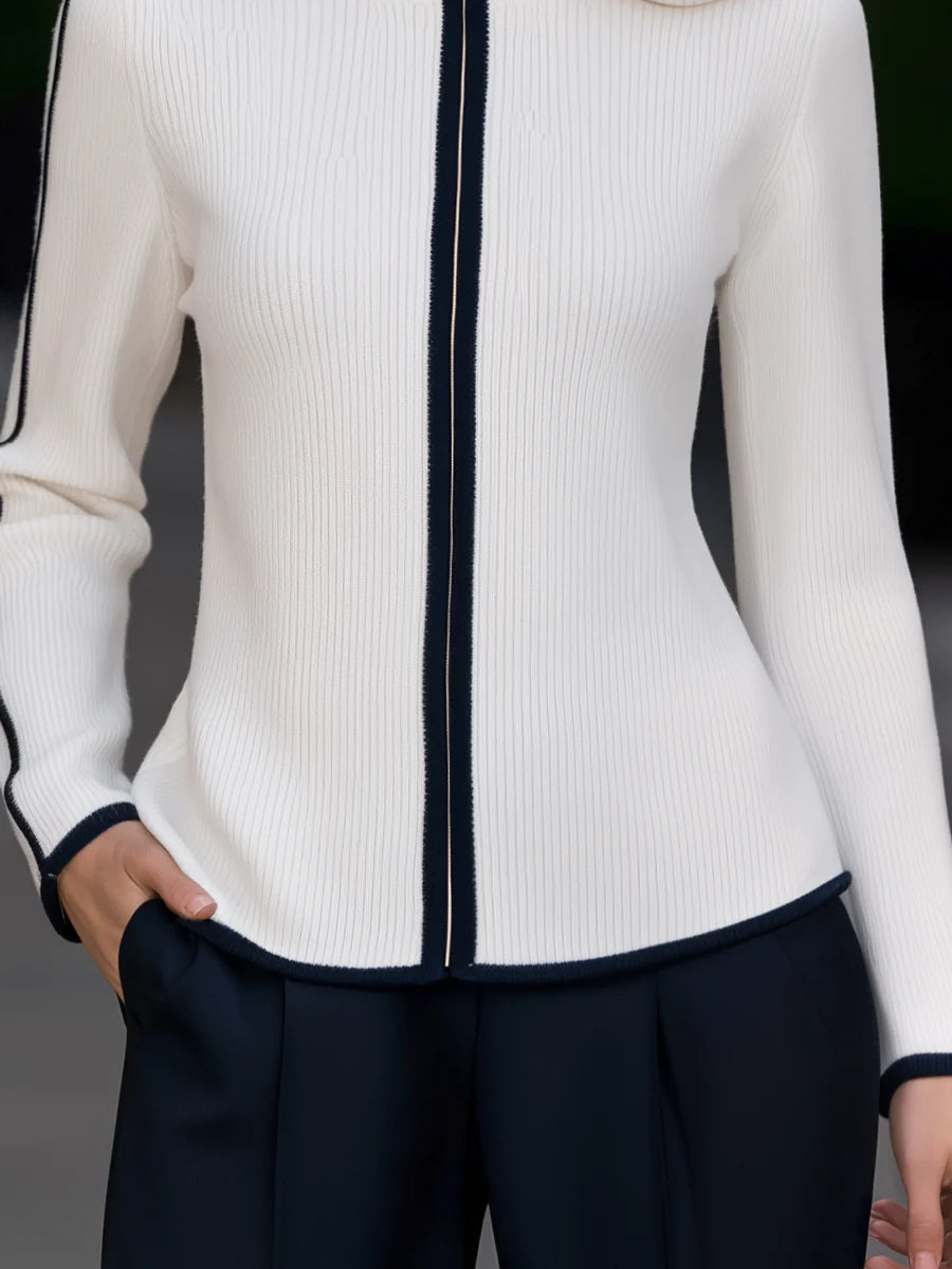 Women's Contrast-Trim Zip-Up Knit Cardigan – additional product view | Hensley London