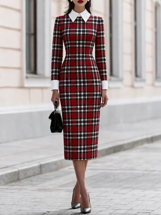 Women's Tartan Midi Dress with Contrast Collar in Red – product view 1 | Hensley London