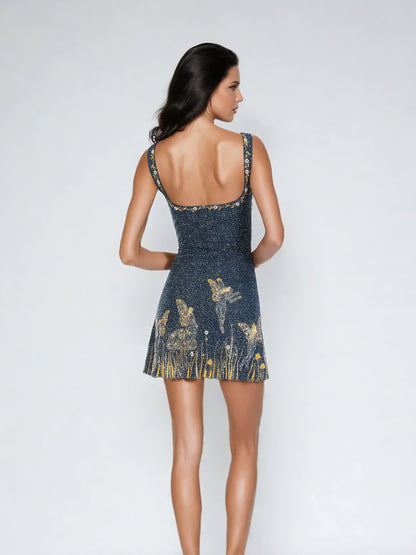 Women's Mini Dress Midnight Blue Embellished Polyester - 2