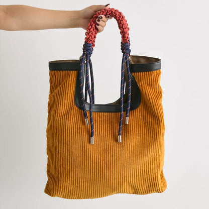 Women's Ribbed Carry-All Tote with Rope-Style Handles in Yellow – product view | Hensley London
