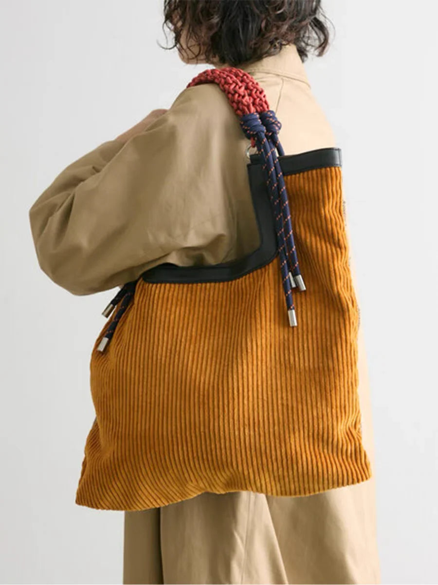 Women's Ribbed Carry-All Tote with Rope-Style Handles in Yellow – product view | Hensley London