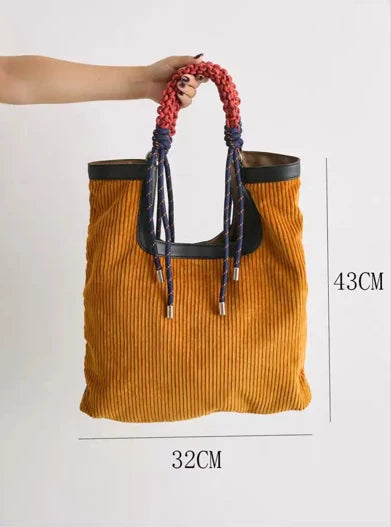 Women's Ribbed Carry-All Tote with Rope-Style Handles in Yellow – dimensions view | Hensley London