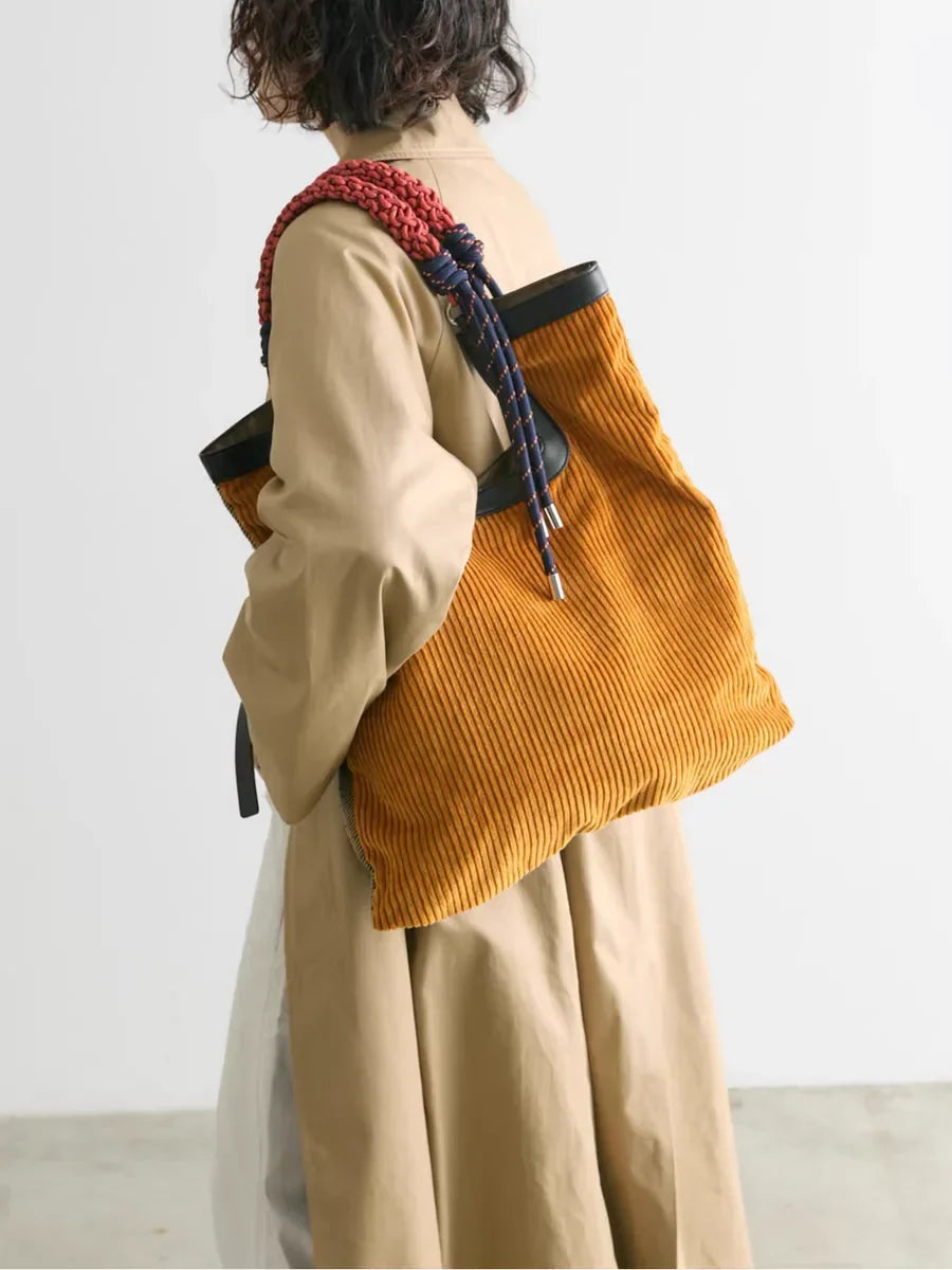 Women's Ribbed Carry-All Tote with Rope-Style Handles in Yellow – product view | Hensley London