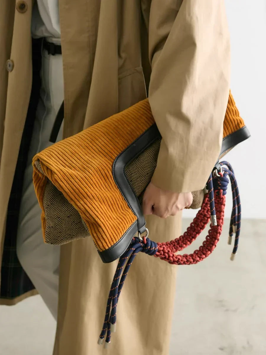Women's Ribbed Carry-All Tote with Rope-Style Handles in Yellow – product view | Hensley London