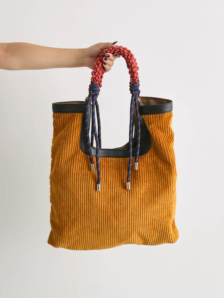 Women's Ribbed Carry-All Tote with Rope-Style Handles in Yellow – product view | Hensley London
