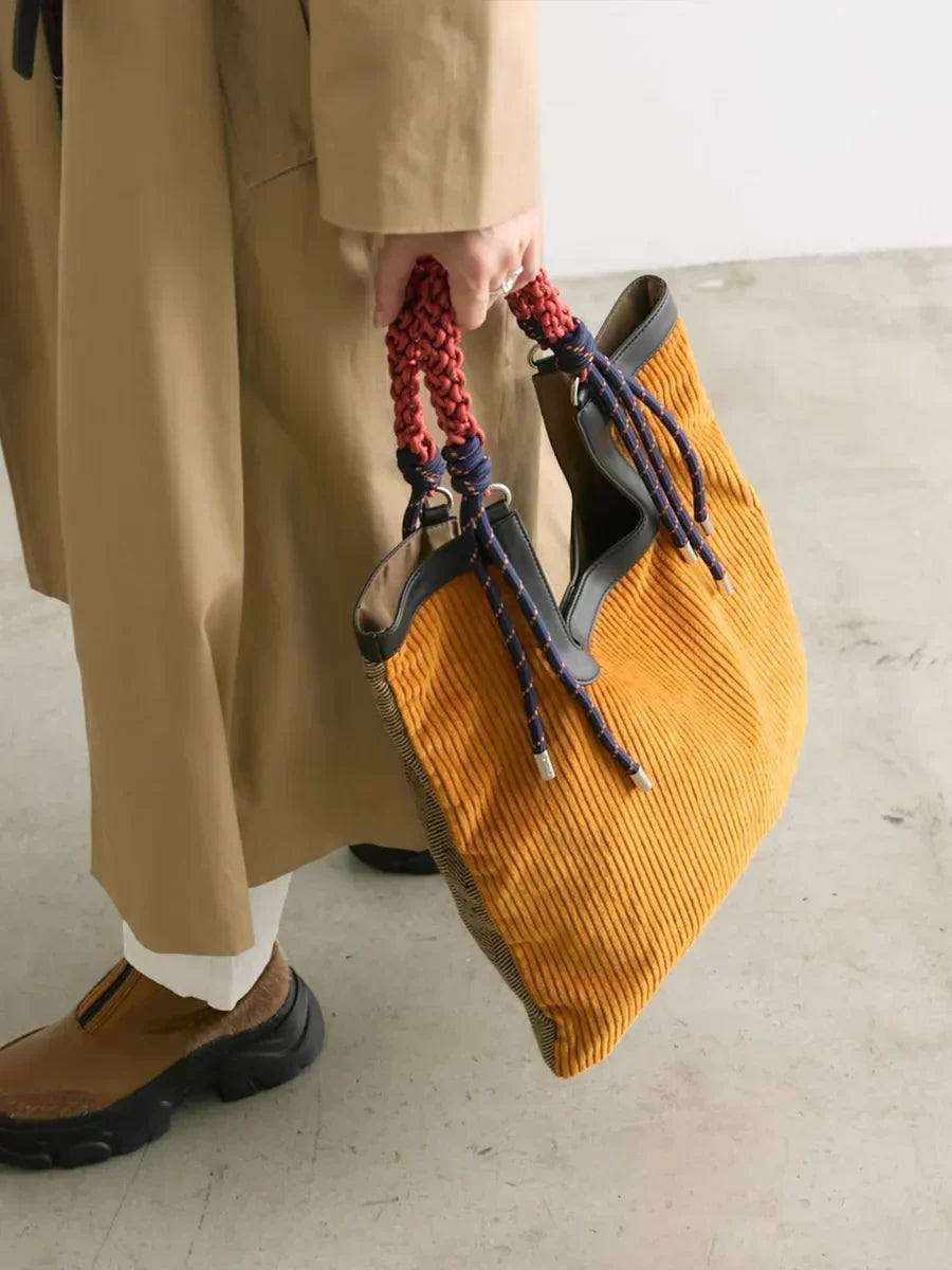 Women's Ribbed Carry-All Tote with Rope-Style Handles in Yellow – product view | Hensley London