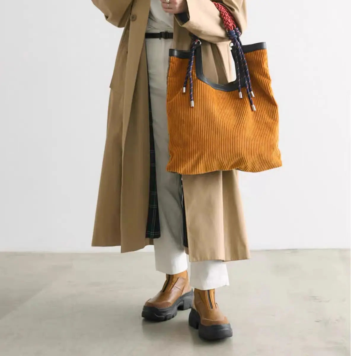 Women's Ribbed Carry-All Tote with Rope-Style Handles in Yellow – product view | Hensley London