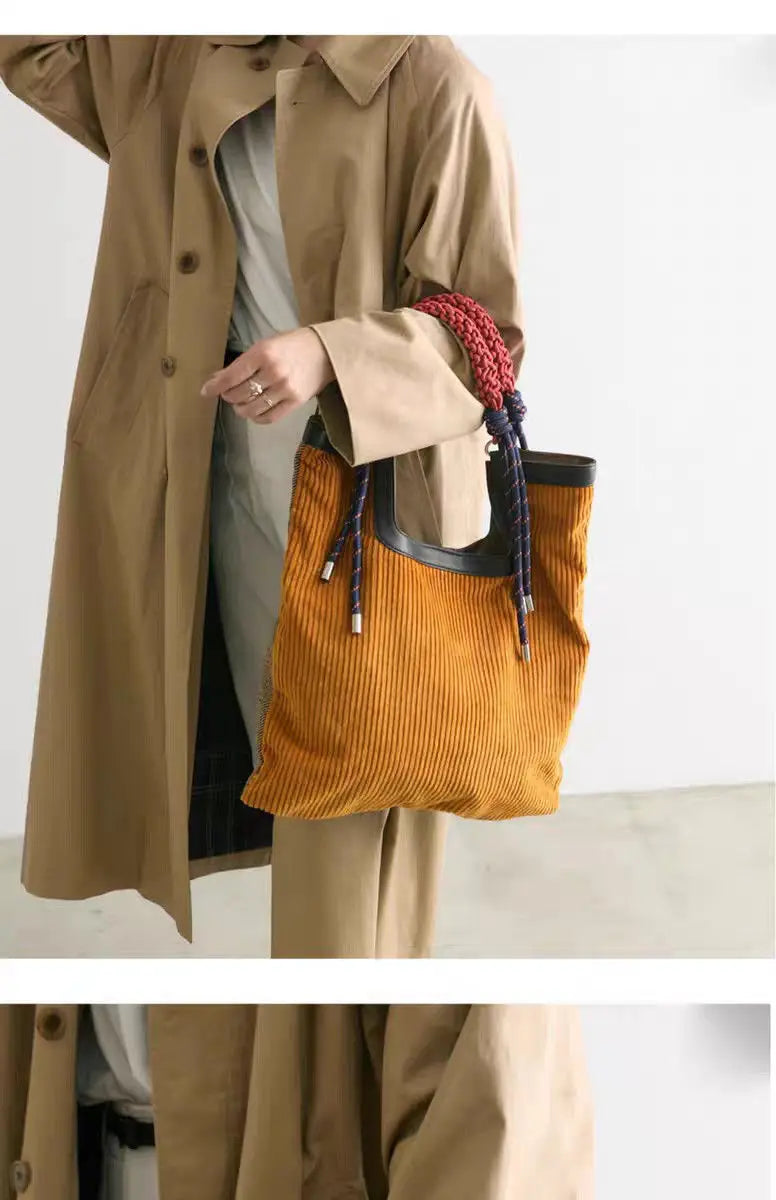 Women's Ribbed Carry-All Tote with Rope-Style Handles in Yellow – product view | Hensley London
