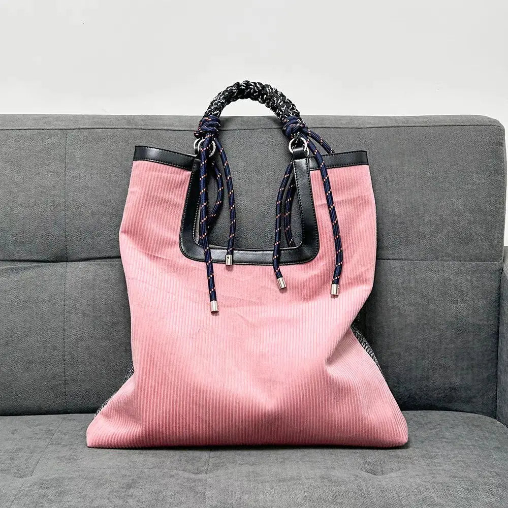 Women's Ribbed Carry-All Tote with Rope-Style Handles in Pink – product view | Hensley London