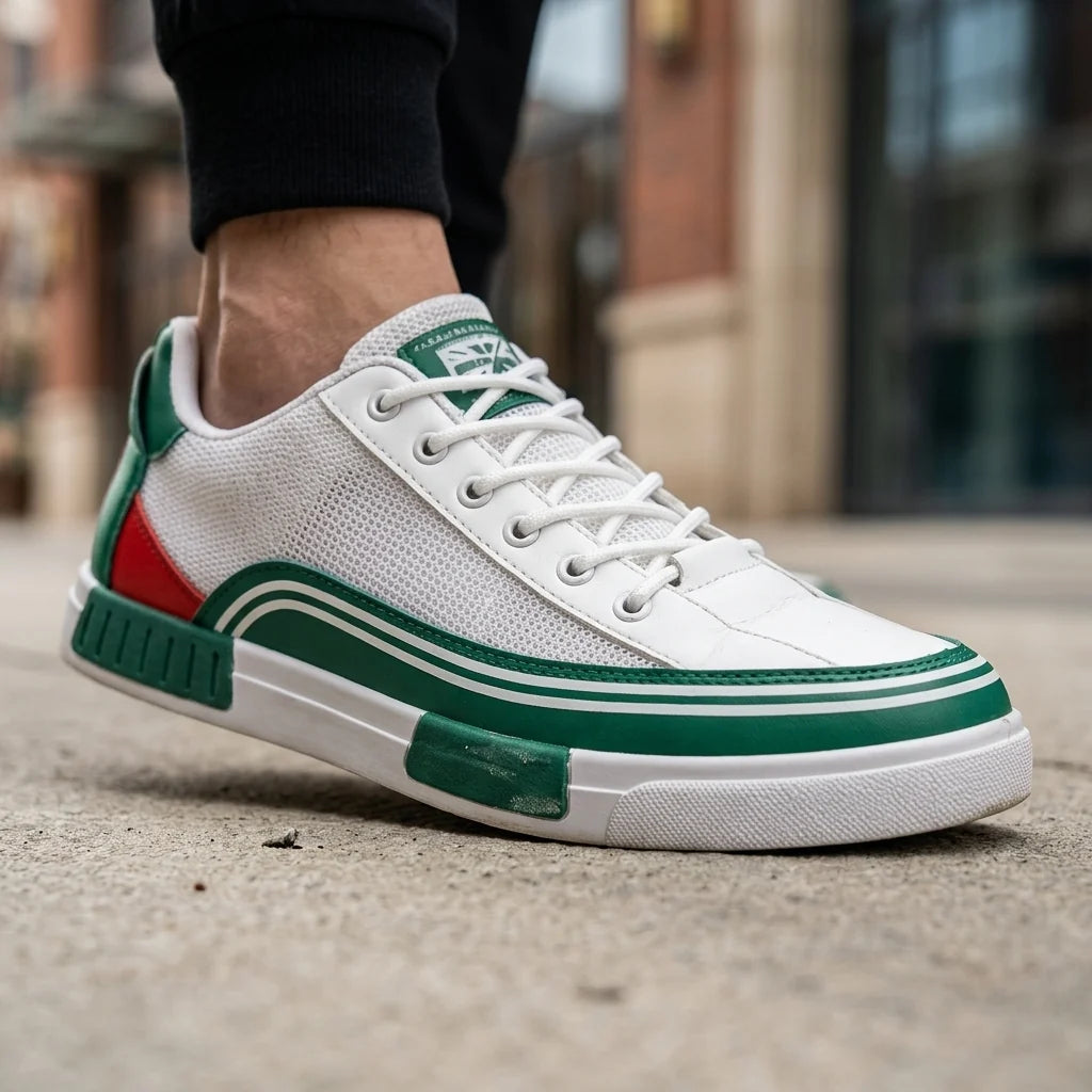 Men's Colour-Block Low-Top Lace-Up Sneakers in Green – additional product view | Hensley London