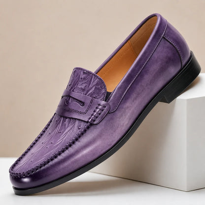 Men's Embossed Penny Loafers in Purple – product view | Hensley London