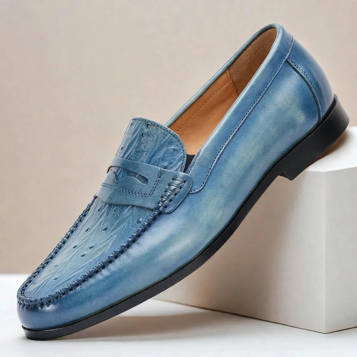 Men's Embossed Penny Loafers in Sky Blue – product view | Hensley London