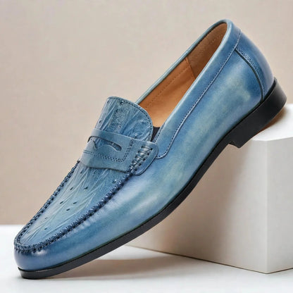 Men's Embossed Penny Loafers in Sky Blue – product view | Hensley London
