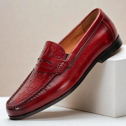 Men's Embossed Penny Loafers in Red – product view | Hensley London