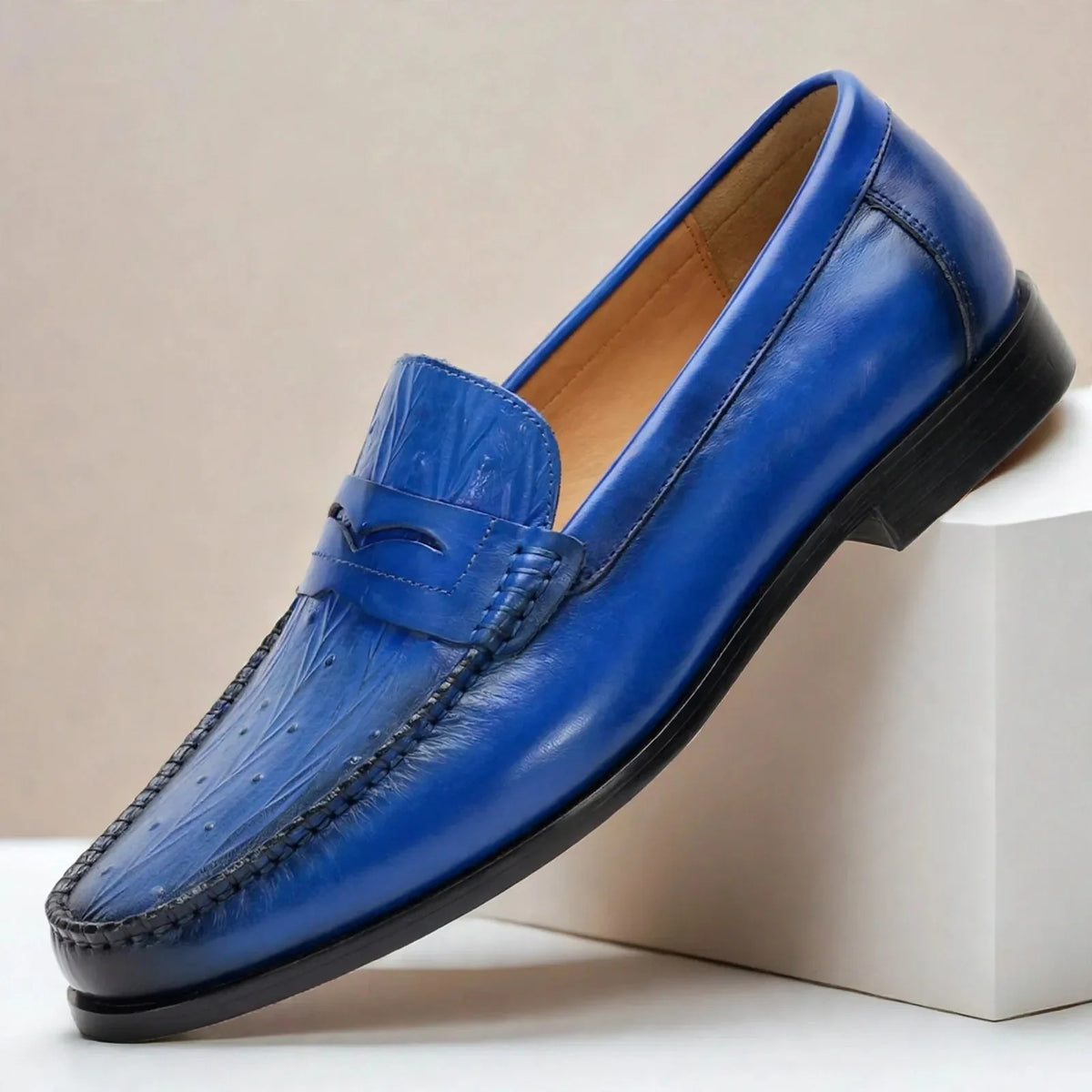 Men's Embossed Penny Loafers in Royal Blue – product view | Hensley London