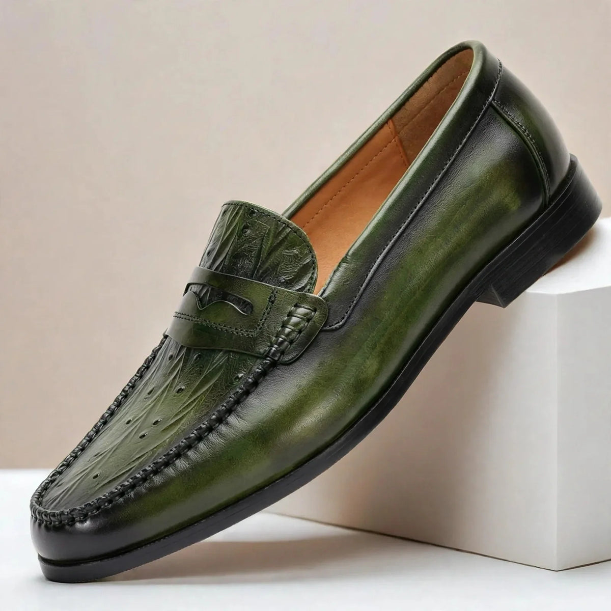 Men's Embossed Penny Loafers in Green – product view | Hensley London