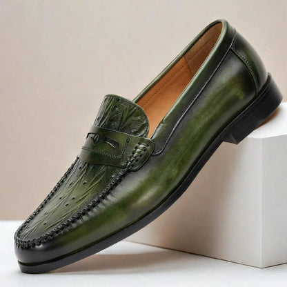Men's Embossed Penny Loafers in Green – product view | Hensley London