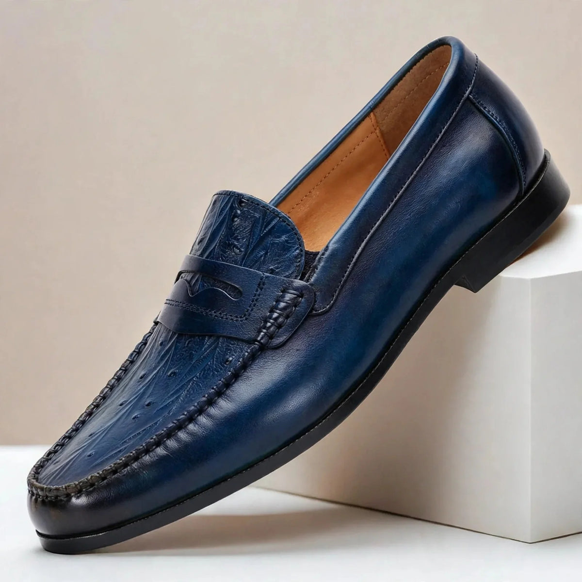 Men's Embossed Penny Loafers in Dark Blue – product view | Hensley London