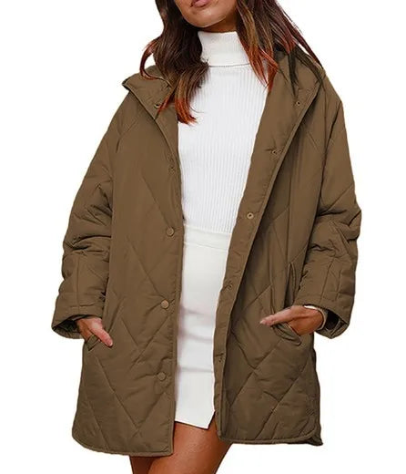 Women's Oversized Hooded Padded Coat in Khaki – additional product view | Hensley London