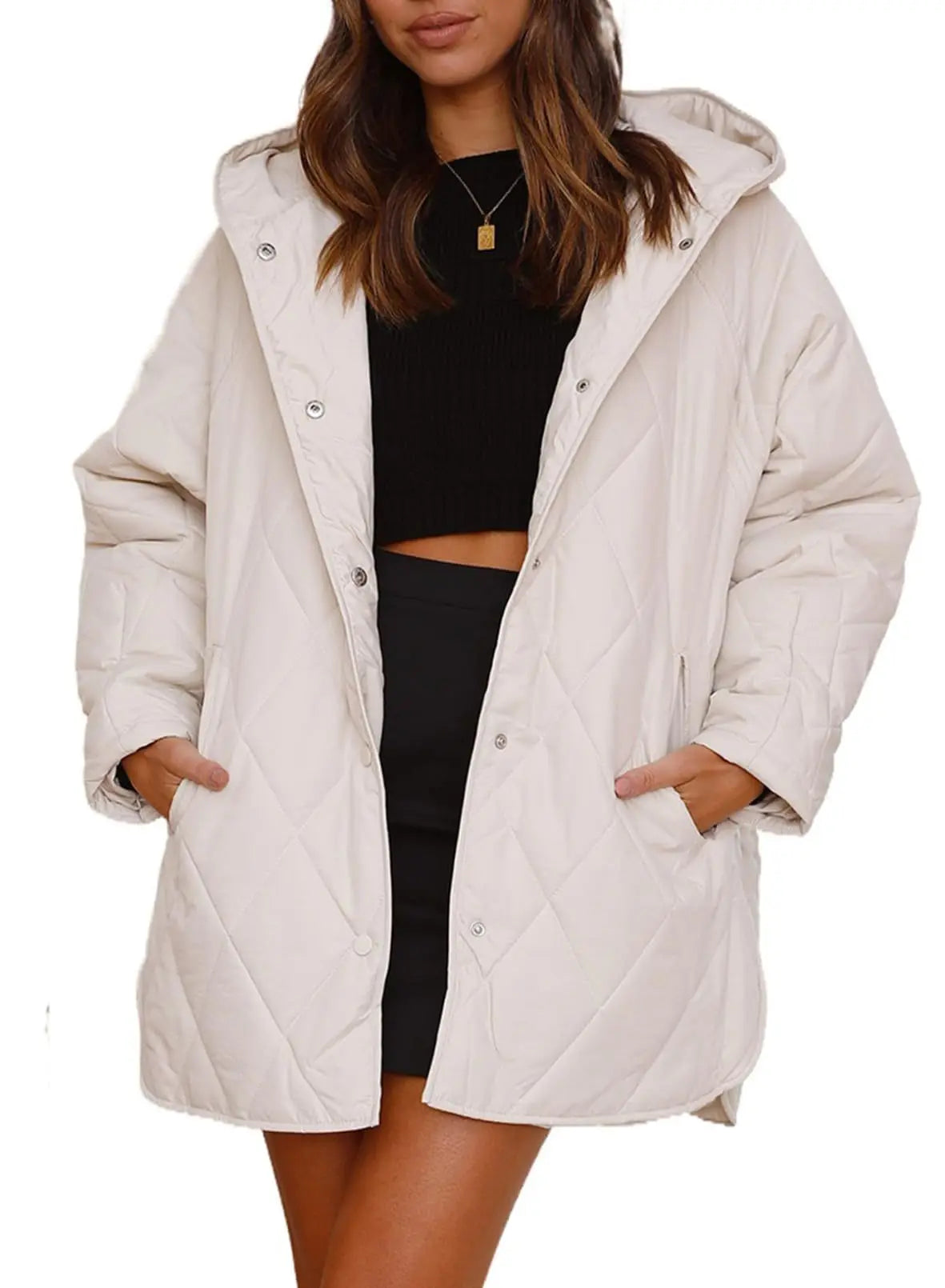 Women's Oversized Hooded Padded Coat in Beige – additional product view | Hensley London