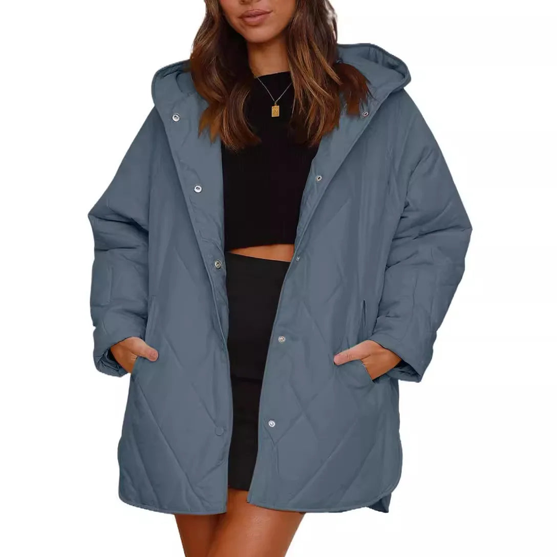 Women's Oversized Hooded Padded Coat in Blue – additional product view | Hensley London