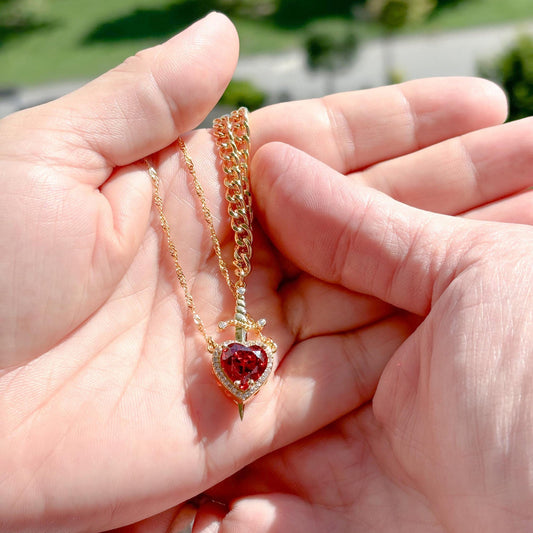 Couples Necklace Set - Matching Heart and Sword Pendants in Gold and Silver - Couple Jewelry Necklace for Him and Her