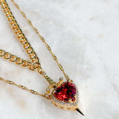 Couples Necklace Set - Matching Heart and Sword Pendants in Gold and Silver - Couple Jewelry Necklace for Him and Her