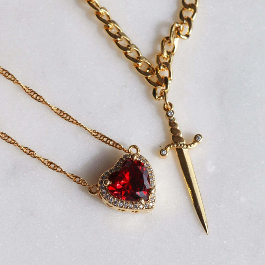 Couples Necklace Set - Matching Heart and Sword Pendants in Gold and Silver - Couple Jewelry Necklace for Him and Her