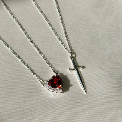 Couples Necklace Set - Matching Heart and Sword Pendants in Gold and Silver - Couple Jewelry Necklace for Him and Her