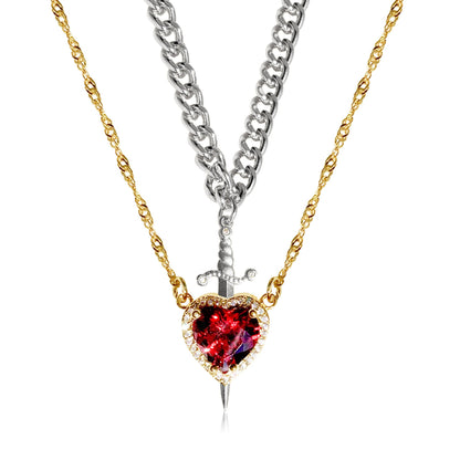 Couples Necklace Set - Matching Heart and Sword Pendants in Gold and Silver - Couple Jewelry Necklace for Him and Her