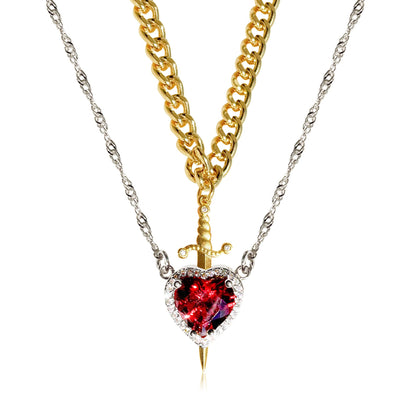 Couples Necklace Set - Matching Heart and Sword Pendants in Gold and Silver - Couple Jewelry Necklace for Him and Her