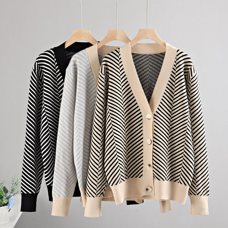 Cozy Stripe Standard Collar Cardigan 1