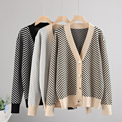 Cozy Stripe Standard Collar Cardigan 1