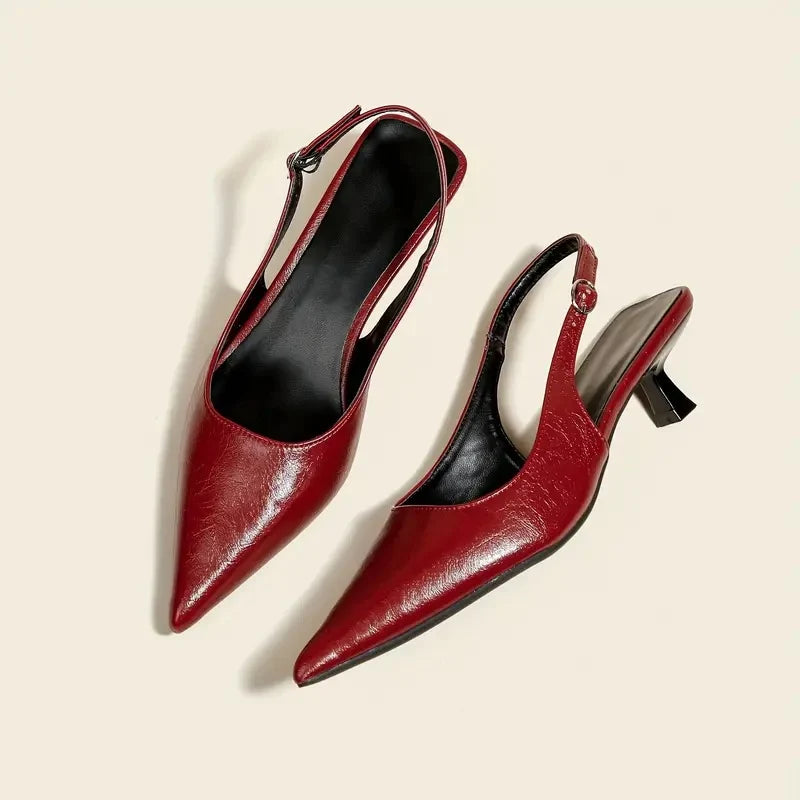 Women's Pointed-Toe Slingback Kitten Heels in Deep Red – Product view | Hensley London