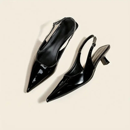 Women's Pointed-Toe Slingback Kitten Heels in Glossy Black – Product view | Hensley London
