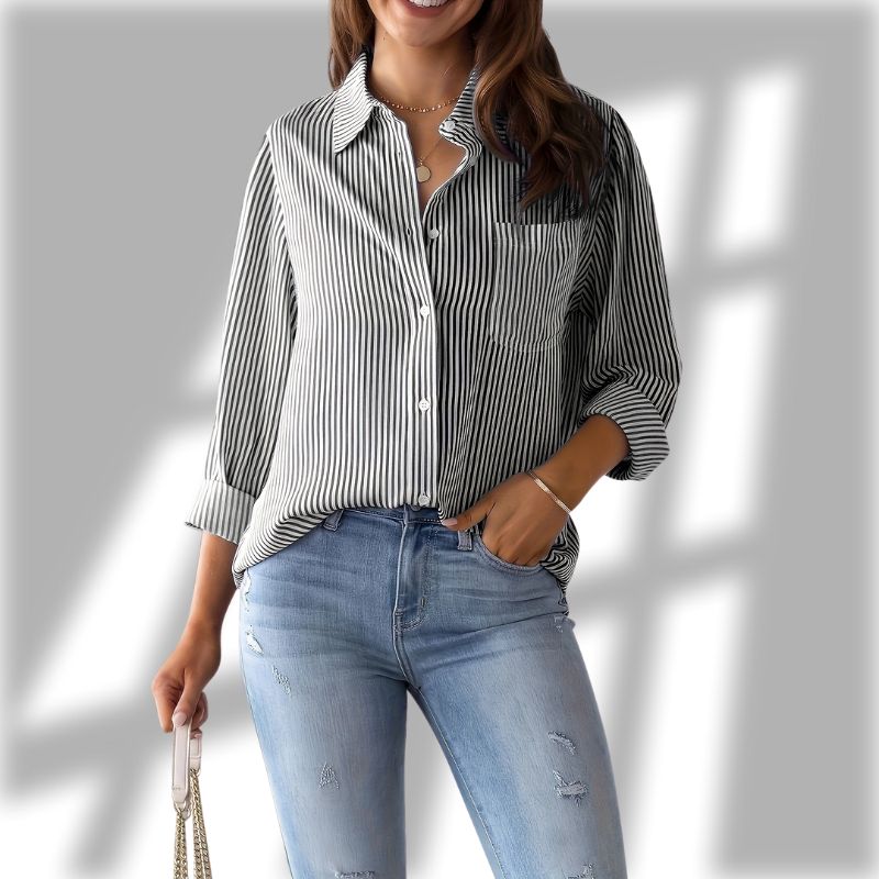 Women's Striped Relaxed Button-Up Pocket Shirt in Black - additional view 3 | Hensley London