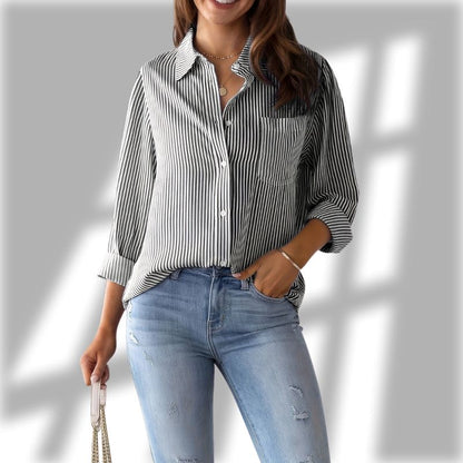 Women's Striped Relaxed Button-Up Pocket Shirt in Black - additional view 3 | Hensley London