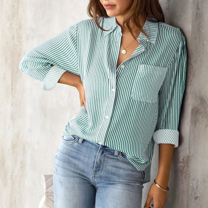 Women's Striped Relaxed Button-Up Pocket Shirt in Green - additional view 5 | Hensley London