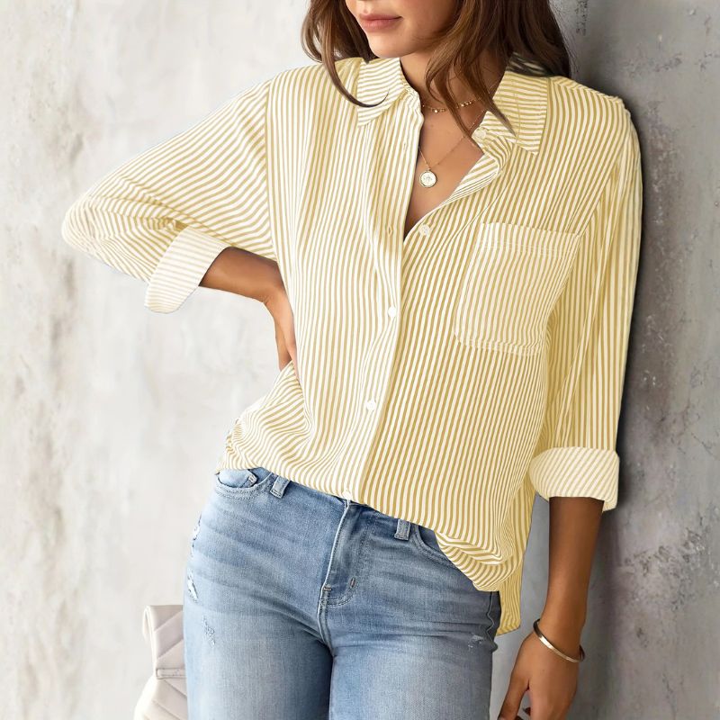 Women's Striped Relaxed Button-Up Pocket Shirt in Apricot - additional view 6 | Hensley London
